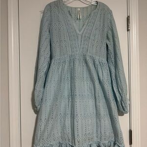 Anthropologie Green and Blue V-Neck Bishop Sleeve Dress